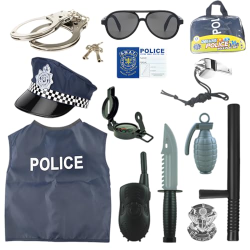 Vmxlso Polizei Kostüm Kinder, Polizist Kostüm Kinder mit Polizeimütze, Handschellen, Weste, Sonnenbrille,Walkie Talkie, Polizeikostüm Kinder, Police Kostüm Kinder für Faschingskostüme Karneval Cosplay von Vmxlso