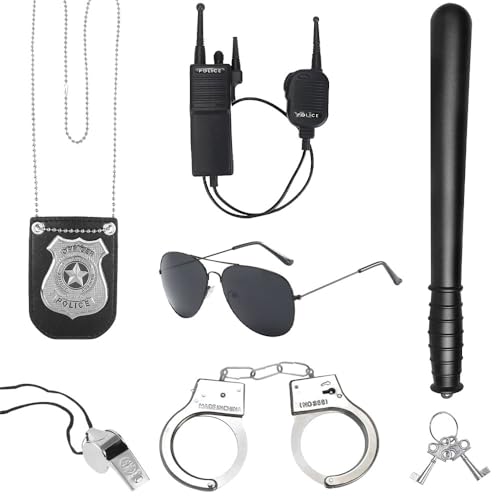 Vmxlso Polizei Kostüm Zubehör, Polizei Zubehör Set, Handschellen Kinder Polizei Set mit Abzeichen, Brille, Walkie-Talkie, Pfeife, Polizei Zubehör Kinder Für Fasching, Party Kostüm Dress Up von Vmxlso