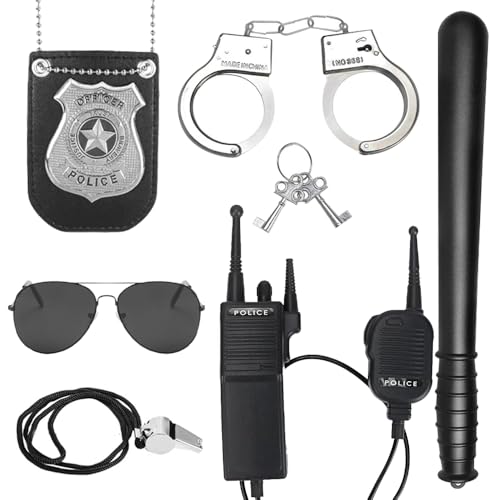 Vmxlso Polizei Kostüm Zubehör, Polizei Zubehör Set, Handschellen Kinder Polizei Set mit Abzeichen, Brille, Walkie-Talkie, Pfeife, Polizei Zubehör Kinder Für Fasching, Party Kostüm Dress Up von Vmxlso