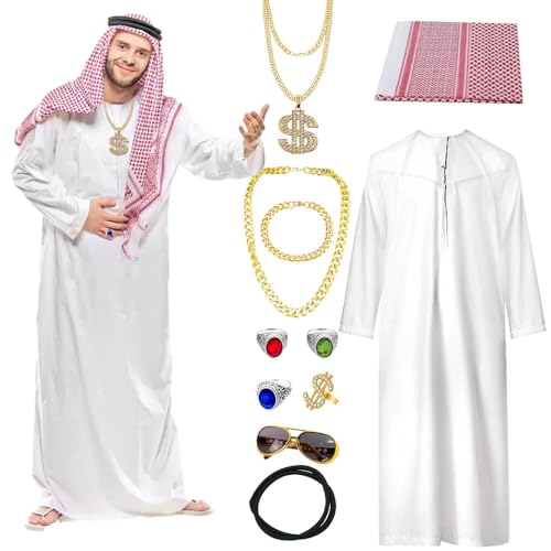 Vmxlso Scheich Kostüm Herren, Araber Kostüm Herren mit Kopftuch, Gewand, Finger Ring, Halsketten, Sonnenbrillen, Lustige Kostüm Scheich Herren für Karneval Party Cosplay von Vmxlso