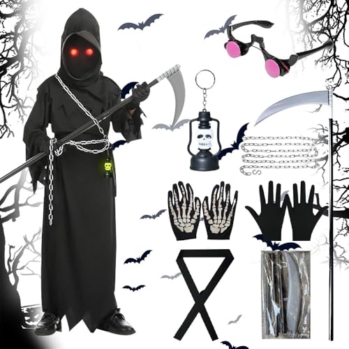 Vmxlso Sensenmann Kostüm Kinder, 128cm Halloween Kostüm Kinder Sensenmann, Halloween Sensenmann Cosplay kostüm, mit Kapuze, Leuchtenden Augen,Sense,Kette Gürtel,Grim Reaper Costume für Halloween Party von Vmxlso