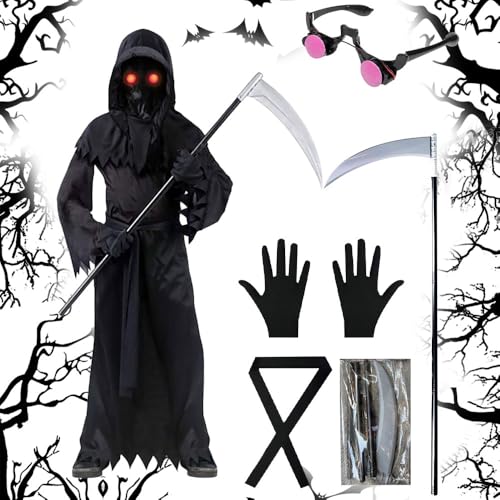 Vmxlso Sensenmann Kostüm Kinder, 95cm Halloween Kostüm Kinder Sensenmann, Halloween Sensenmann Kostüm, mit Leuchtenden Augen,Handschuhe, Sense, Gürtel, Grim Reaper Costume für Halloween Party Cosplay von Vmxlso