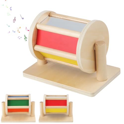 Vmxlso Spinning Drum Baby, Drehtrommel Baby Holz, Regenbogenrad Baby, Rotierendes Farberkennungs mit Spiegel, Holzspinnerspielzeug, Montessori Spielzeug für 0-3 Jährige von Vmxlso