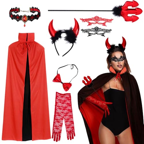 Vmxlso Teufel Kostüm Damen Halloween, 150 cm Doppelseitig Vampir Umhang Set, mit Teufelsgabel, Spitzenaugenklappe, Handschuhen, Halskette,Halloween Kostüm Damen Teufel für Halloween Mottoparty Cosplay von Vmxlso