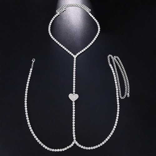 Vnook Boho Kristall Körper Kette Strass Brustkette Kristall Körperkette BH Kette Strand Bikini Körperzubehör Schmuck Für Frauen Und Mädchen(Silver) von Vnook