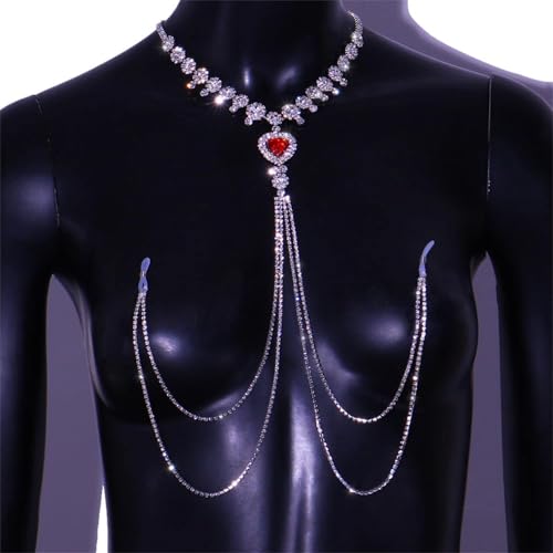 Vnook Boho Kristall Stern BrustketteSexy Körperkette Brustkette Rot Liebe Herz Strass Fransen BH Höschen Kette Kristall Bikini I Körperkette Für Frauen,Silber von Vnook