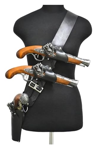 Vnook Freie Größe Piraten-Leder-Schultergürtel, Steinschloss-Holster Mit 3 Holstern, Steampunk-Gürtel, Pistolenhalter, Freibeuter-Kostüm, Cosplay, Kapitän, Zubehör, Schwarz von Vnook