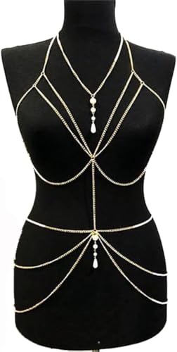 Körperkette Modisch Perle Halskette Brustkette Körperkette BH Kette Strand Bikini Party Nachtclub Chest Chain Mehrschichtig Lange Brustkette Für Frauen von Vnook