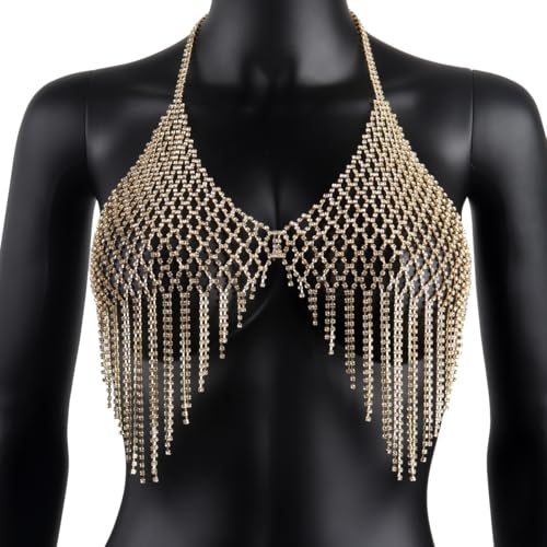 Vnook Mode Body Chain Körperkette Brustkette Glitzernde Strassfransen-BH-Kette Kristall- Bikini KarosserieZubehör Schmuck Für Frauen(Gold) von Vnook