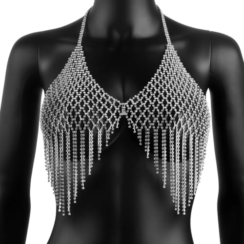 Vnook Mode Body Chain Körperkette Brustkette Glitzernde Strassfransen-BH-Kette Kristall- Bikini KarosserieZubehör Schmuck Für Frauen(Silver) von Vnook