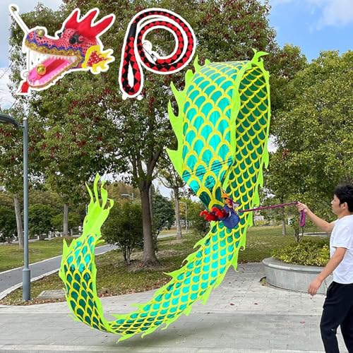 Vnook 3D Wu Long Dragon Ribbon Streamer, Dragon Poi Dance Ribbon Mit Schuppen Und Kopf, Schleudernder Dragon Streamer Outdoor-Jonglage, Fließender Seiden-Drachen-Poi for Den Park(Green,10m) von Vnook