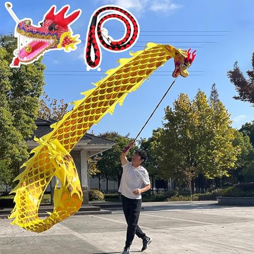 Vnook 3D Wu Long Dragon Ribbon Streamer, Dragon Poi Dance Ribbon Mit Schuppen Und Kopf, Schleudernder Dragon Streamer Outdoor-Jonglage, Fließender Seiden-Drachen-Poi for Den Park(Yellow,10m) von Vnook