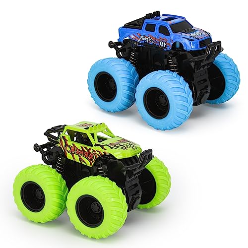 VoMii 2 Stück Spielzeugautos, Monster Truck für Kinder ab 3-10 Jahre, Große Gummiräder 4x4 Power Trägheitsbetriebene Fahrzeuge, 360° Stunt-Rotation, Rennwagen Spielsets für Kinder, 1:60 Scale von VoMii