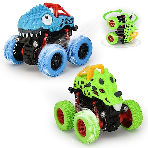 VoMii Monster Truck 2 Stück, Dinosaurier Spielzeugauto für Kinder ab 3-10 Jahre, 360° Stunt-Rotation, Große Gummiräder 4x4 Power Trägheitsbetriebene Fahrzeuge, Rennwagen Spielsets für Kinder von VoMii