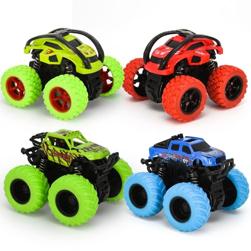 VoMii Monstertruck [ 4 Stück ] Monster Truck Spielzeugauto für Kinder ab 3-10 Jahre, Große Gummiräder 4x4 Power Trägheitsbetriebene Fahrzeuge, 360° Stunt-Rotation, Rennwagen Spielsets für Kinder von VoMii