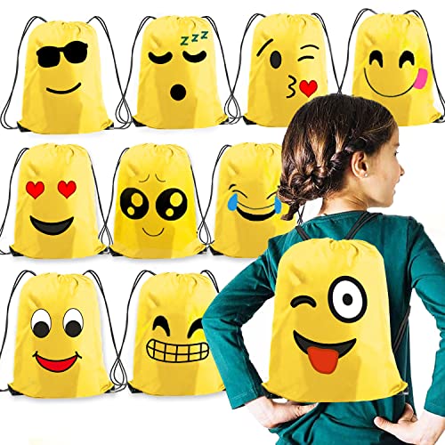 Voarge 10 Stück Kinder Emoji Turnbeutel Rucksack, Gastgeschenke Beutel, für Kindergeburtstag Partytüten Geschenktüte Partyzubehör Mitgebsel von Voarge