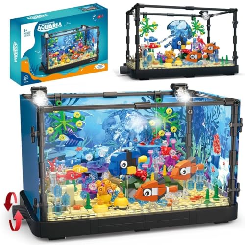 Aquarium-Baustein-Set, kompatibel mit Lego-Sets für Erwachsene und Kinder, Beleuchtung, Aquarium, Baustein-Spielzeug für Jungen und Mädchen, Alter 8–14 Jahre, einschließlich Ozeanquallen, Fische, von Vocrev