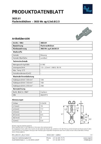 Vogt Verbindungstechnik 3833.61 Flachsteckhülse Steckbreite: 6.30mm Steckdicke: 0.80mm 180° Unisol von Vogt Verbindungstechnik