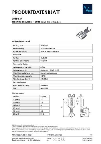 Vogt Verbindungstechnik 3835a.67 Flachsteckhülse Steckbreite: 6.30mm Steckdicke: 0.80mm 180° Uniso von Vogt Verbindungstechnik