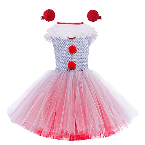 Voiakiu Clown-Kostüm für Mädchen, Pennywise Fancy Dress Up Tutu-Kleid mit Kleid, Kragen, roter Haarnadel, für Halloween, Cosplay, Karneval, Fancy Dress Up von Voiakiu