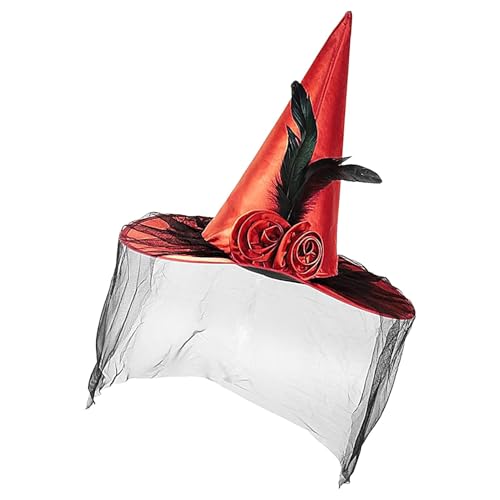 Halloween-Hexenhut für Frauen, Hexenhüte für Frauen,Cosplay Hüte Halloween Hut - Spitzer Hut mit Halbschleier, Partyhüte, Foto-Requisiten, Feder-Rosen-Zaubererhut für Frauen, Teenager, Mädchen von Voihamy