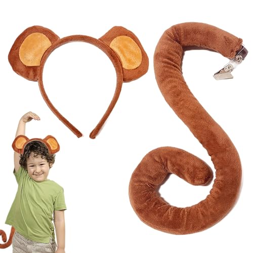 Voihamy Affenohren Kostüm Stirnband,Affenohren Stirnband, Cosplay Kopfschmuck, Affenohren-Stirnband und abnehmbarer Schwanz-Set-Kostüm für Halloween-Cosplay von Voihamy