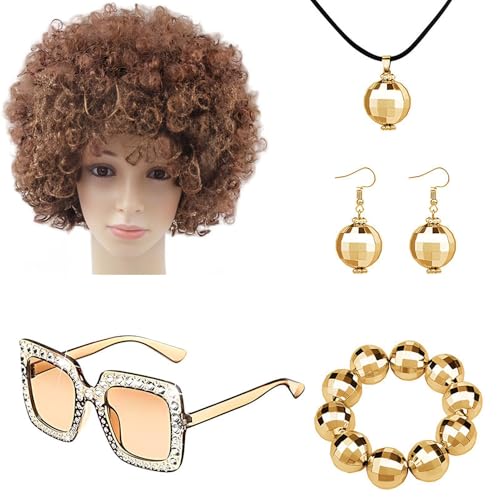 Voihamy Disco-Schmuck für Damen, 70er- und 70er-Jahre-Disco-Accessoires-Set für Damen - Rapper-Kostüm Bling 5-teiliges 70er-Jahre-Disco-Kostüm-Set - Rapper-Kostüm mit Afro-Perücke, Armband, von Voihamy