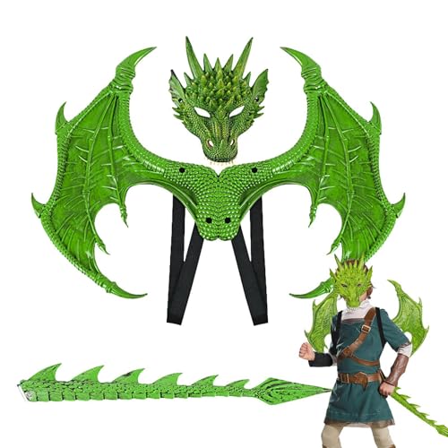 Voihamy Halloween-Drachen-Cosplay-Set, Drachen-Kostüm, Komplettes Cosplay-Set, Drachenflügel-Schwanz-Gesichtsbedeckung, Halloween-Cosplay-Set für Weihnachten, Ostern, Halloween von Voihamy