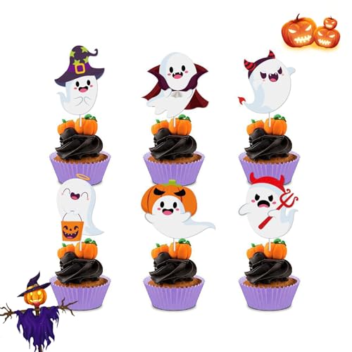 Vordpe 24 Stück Halloween Tortendeko, Halloween Cupcake Deko, Halloween Motto Partyzubehör, Inspiriert Tortenaufleger für Junge Mädchen Party Dekoration (Geister) von Vordpe