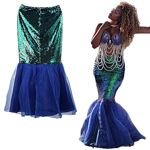 Vordpe Damen Meerjungfrau Kostüm, Meerjungfrauenrock Strand Fischschuppenrock, Meerjungfrau Schwanz Kostüm Karneval Fasching Party Kleid (Blau, M) von Vordpe