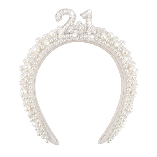 Vovii 21. Geburtstag Stirnband, 21. Geburtstag Krone Tiara für 21. Geburtstag Dekorationen für Frauen Mädchen, Geburtstag Perle Stirnband für 21. Geburtstag Outfit Zubehör, Happy 21st Birthday von Vovii