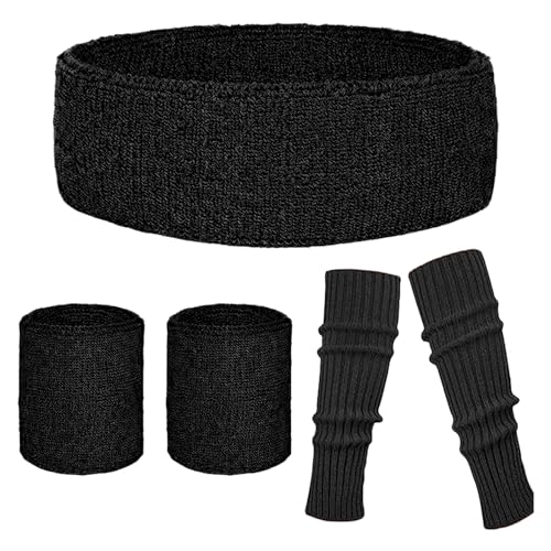 Vriusi Retro Sweatband Set, Retro Absorbent Sports Athletic Headband Kit, Retro Sports Headband, Wrist and Leg Warmers Three-piece Set, Polyester Cotton Athletic Sweatbands for Running and Yoga von Vriusi