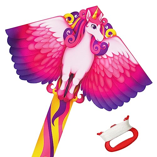 Kinder Einhorn Drachen Flugdrachen für Kinder und Erwachsene, Drachenset Leichtwind Flugdrachen Einleiner Flugdrachen Freien Beach Drachen mit Drachenschnur und langem Schwanz, Rosa von Vspek