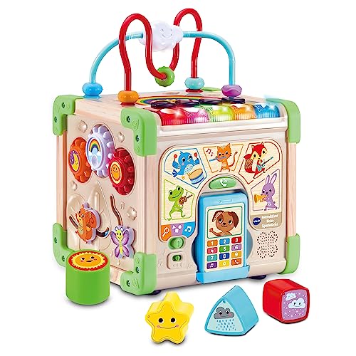 Vtech Interaktiver Holz-Spielwürfel – Interaktiver Spielwürfel mit FSC®-zertifiziertem Holz – Mit verschiedenen Elementen, Liedern und Musik – Für Kinder von 12-36 Monaten von VTech Baby