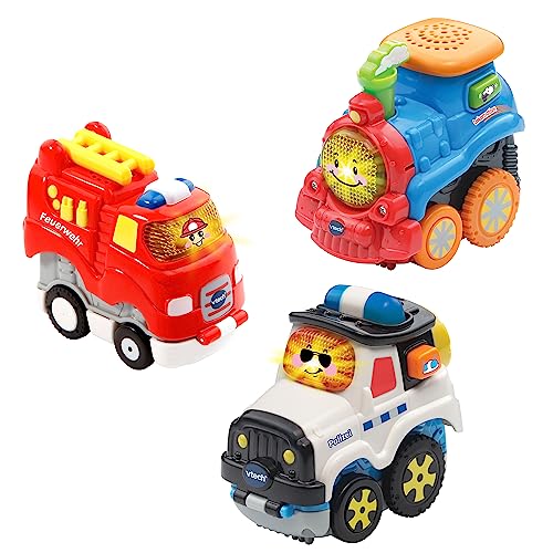 VTech Tut Tut Baby Flitzer Press&Go Set - Feuerwehr, Lokomotive, Polizei - 3 Fahrzeuge im Set von Vtech