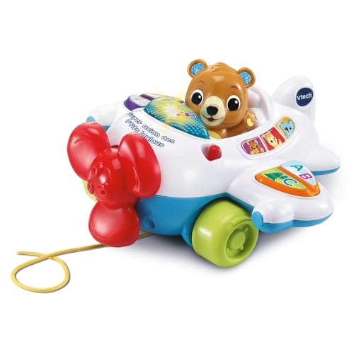 VTech - Super Flugzeug der P'tits Loulous, Spielzeug zum Ziehen, Kinderflugzeug mit Pilot, Bär, der den Propeller dreht, musikalisches Erwachen, Geschenk für Babys ab 9 Monaten – Inhalt in Französisch von Vtech