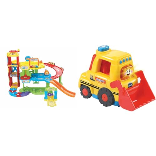 VTech Baby Flitzer - Parkgarage & TUT TUT Baby Flitzer - Bagger – Spielzeugauto mit Musik, aufleuchtender Taste, spannenden Sätzen und Geräuschen – Für Kinder von 1-5 Jahren, Bunt von Vtech