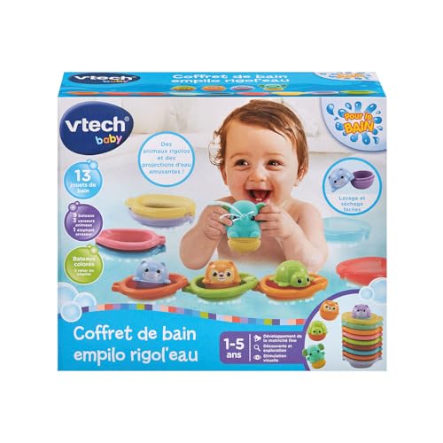 VTech - Bade-Set Empilo Rigol'Eau, 13 Badespielzeuge für Babys, lustige Tiere, Sprinkler, Boote zum Verbinden und Stapeln, Geschenk für Kinder Mädchen und Jungen ab 1 Jahr – Inhalt auf Französisch von Vtech