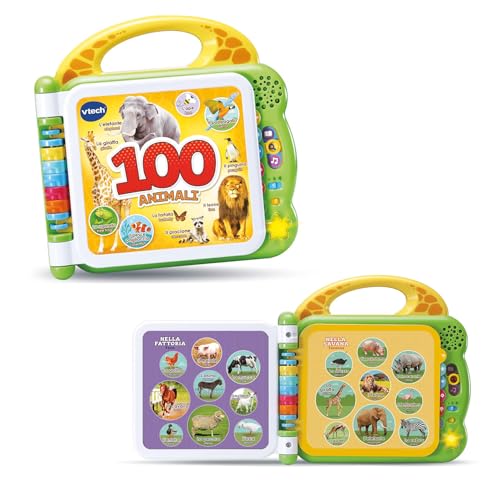 VTech Illustriertes zweisprachiges Buch - 100 Tiere, zweisprachiges Buch für Kinder, Tierbuch für Kinder, sensorisches Buch in Italienisch und Englisch, Babybuch mit 3 Modi, Batterien im Lieferumfang von Vtech