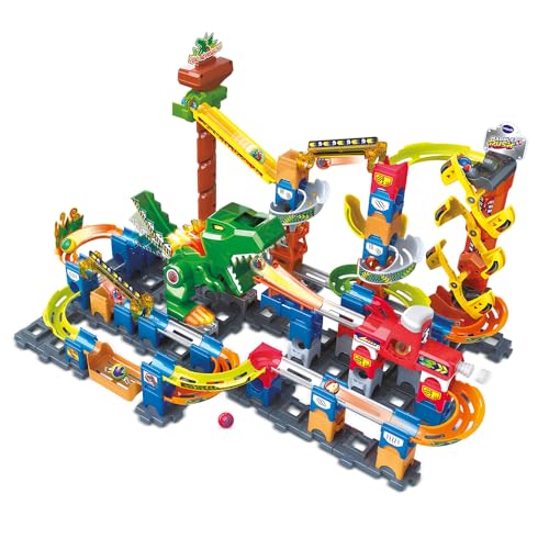 VTech - Marble Rush, Elektronische Kugelbahn Dino Adventure Magnetic Set XL400E, Bauspiel, magnetisch, Dinosaurier, 100 Stück, 10 Kugeln, Geschenk für Kinder ab 4 Jahren – Inhalt in Französisch von Vtech