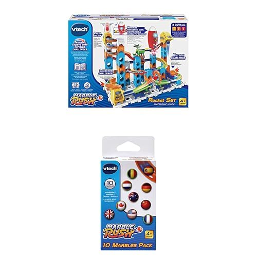 VTech Marble Rush - Rocket Set M100 E & Marble Rush - 10er-Set MarBalls – Zusätzliche Kugeln für alle Marble Rush Murmelbahnen – Mit Länderflaggen – Für Kinder von 4-12 Jahren von Vtech