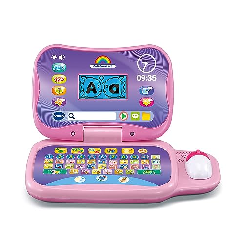 VTech Ordi Genius Pro Rosa, Laptop für Kinder mit Hintergrundbeleuchtung, Maus, 20 skalierbare Spiele, Lernspielzeug, Geschenk für Kinder von 3 Jahren bis 7 Jahren – Inhalt in Französisch von Vtech