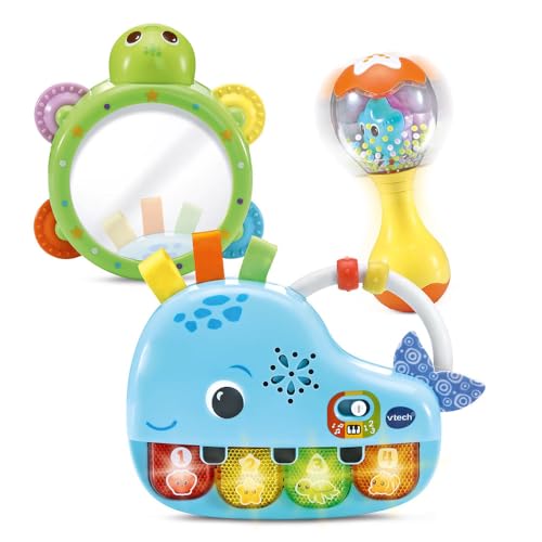 VTech P'tit Musicien Meine ersten Instrumente, erstes Babyspielzeug, beleuchtetes und interaktives Klavier, Spiegeltrommel und Rassel Maracas, Geschenk zur Geburt – Inhalt in französischer Sprache von Vtech