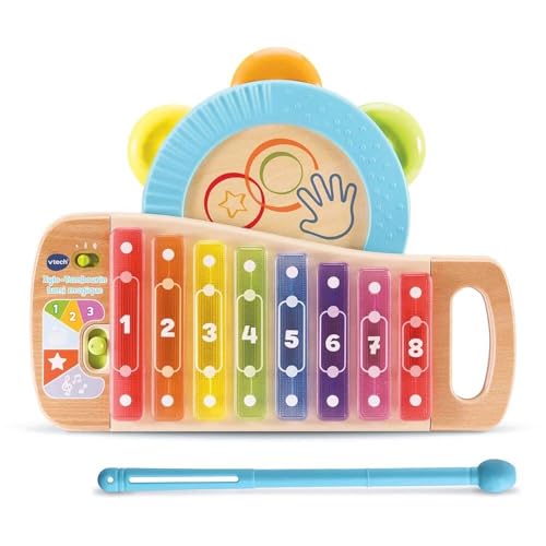 VTech - Xylo-Tambourin Lumi Magic, Musikinstrument für Kinder, 2-in-1, Xylophon und Tamburin, teilweise aus Holz, Lernspielzeug, Geschenk für Babys, Mädchen und Jungen, ab 18 Monaten – Inhalt in von Vtech