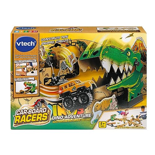 VTech - Car-Board Racers, Rennstrecke Dino Adventure, Rennstrecken aus recyceltem Karton * unendlich erweiterbar mit motorisiertem Geländewagen, Geschenk für Kinder ab 5 Jahren – Inhalt in Französisch von Vtech