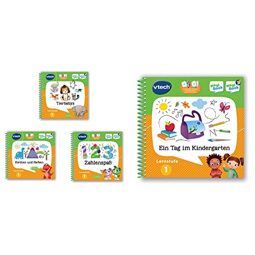 Vtech 80-488904 MagiBook-Lernbuch-Bundle: 3 Bücher der Lernstufe 1 (Tierbabys 3D, Formen und Farben 3D, Zahlenspaß 3D) & 80-481204 Lernstufe 1 - EIN Tag im Kindergarten MagiBook Lernbücher von Vtech