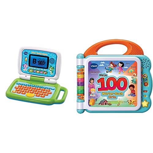 Vtech 80-600904 2-in-1 Touch-Laptop, grün & Baby Mein 100-Wörter-Buch: Orte – Interaktives Bilderbuch zum Lernen erster Wörter – Lernspielzeug mit 12 bilingualen Seiten in Deutsch-Englisch von Vtech