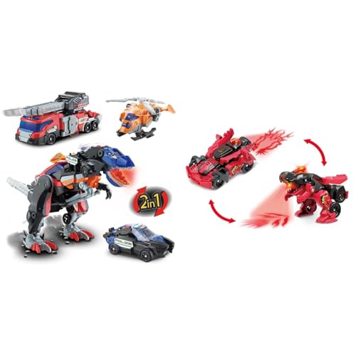 Vtech Switch and Go Dinos 3-in-1 Super-T-Rex & Switch and Go Dinos Fire-Mini-T-Rex – Dino-Auto-Transformer – 2in1 Spielzeug mit Dinostimme, Geräusch- und Lichteffekten – Für Kinder von 3-8 Jahren von Vtech