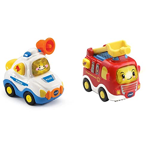 Vtech TUT TUT Baby Flitzer - Polizei – Für 1-5 Jahren & TUT TUT Baby Flitzer - Feuerwehrauto – Spielzeugauto mit Musik, aufleuchtender Taste, spannenden Sätzen und Geräuschen – Für 1-5 Jahren von Vtech