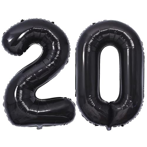 Vthoviwa 40 Zoll/18 Farbens Luftballon Zahlen 20 Schwarz, Luftballon 20. Geburtstag Foil Ballon, 0123456789,10-19,20-25,30,40,50,60,70,80,90, Folienballon 20 Party Dekoration Helium Unterstützen von Vthoviwa